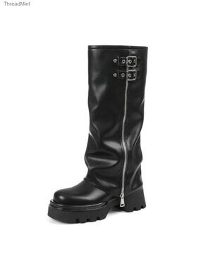 Fold Over Knee High Combat Platform Boots Faux Leather Chunky Sole Women Gothic
